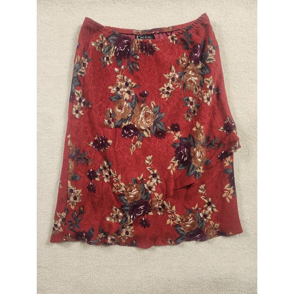 Vintage Rayon Midi Wrap Skirt Women Size 10P KPetite Collection Red Sheer Floral